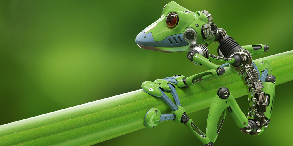 Grøn robotfrø set fra siden hængende på grøn gren.